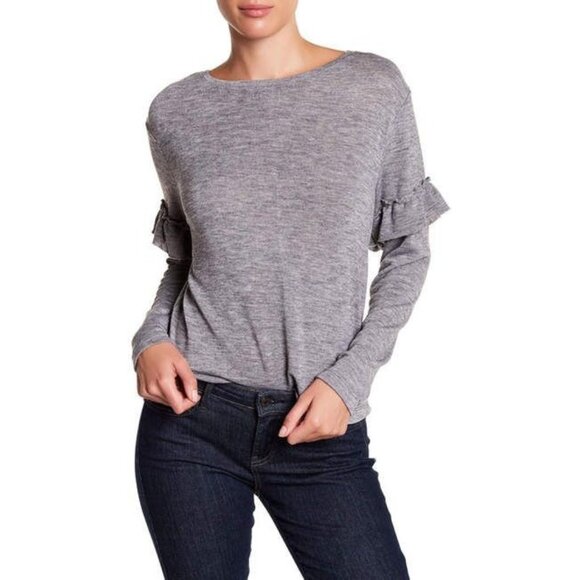 Zara Grey/Beige Knit Soft Ruffle Sleeve Sweater Top Boat Neck M Casual Comfort - Picture 1 of 10